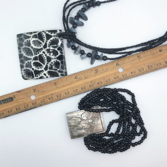 Necklace Bracelet Mother of Pearl Black Set Lot Multistrand Beaded Carved Flower - Picture 9 of 10